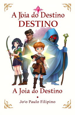 Book cover illustration for an adventure and animation story titled 'A Joia do Destino'