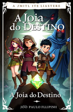 Book cover illustration for an adventure and animation story titled 'A Joia do Destino'