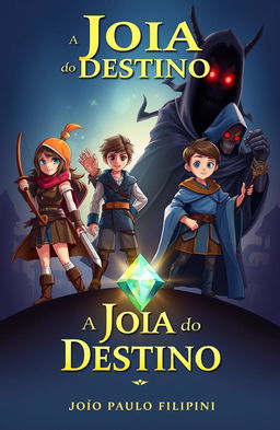 Book cover illustration for an adventure and animation story titled 'A Joia do Destino'