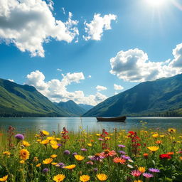 A serene landscape featuring a tranquil lake surrounded by lush green mountains under a bright blue sky filled with fluffy white clouds