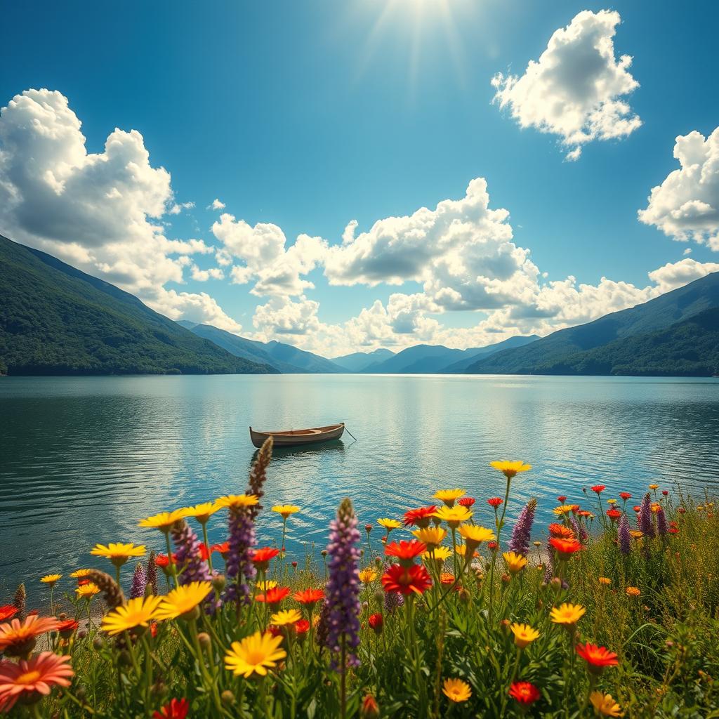 A serene landscape featuring a tranquil lake surrounded by lush green mountains under a bright blue sky filled with fluffy white clouds