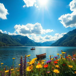A serene landscape featuring a tranquil lake surrounded by lush green mountains under a bright blue sky filled with fluffy white clouds