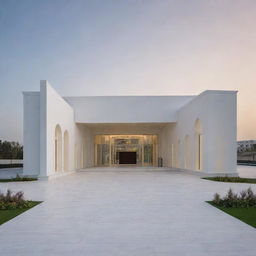 The exterior design of a modern 100ft x 200ft wedding hall with composite board design, reminiscent of a Roman temple yet constructed with modernized materials