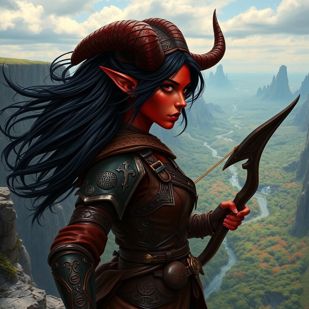 An epic female tiefling ranger with striking red skin and imposing horns that split into two dramatic points