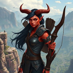 An epic female tiefling ranger with striking red skin and imposing horns that split into two dramatic points