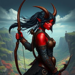 An epic female tiefling ranger with striking red skin and imposing horns that split into two dramatic points