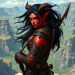 An epic female tiefling ranger with striking red skin and imposing horns that split into two dramatic points