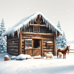 A charming winter scene depicting a traditional farm stable during the snowy season