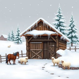 A charming winter scene depicting a traditional farm stable during the snowy season