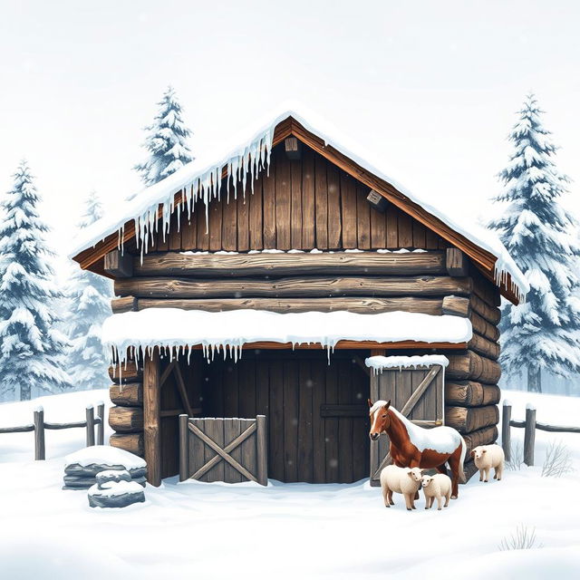 A charming winter scene depicting a traditional farm stable during the snowy season