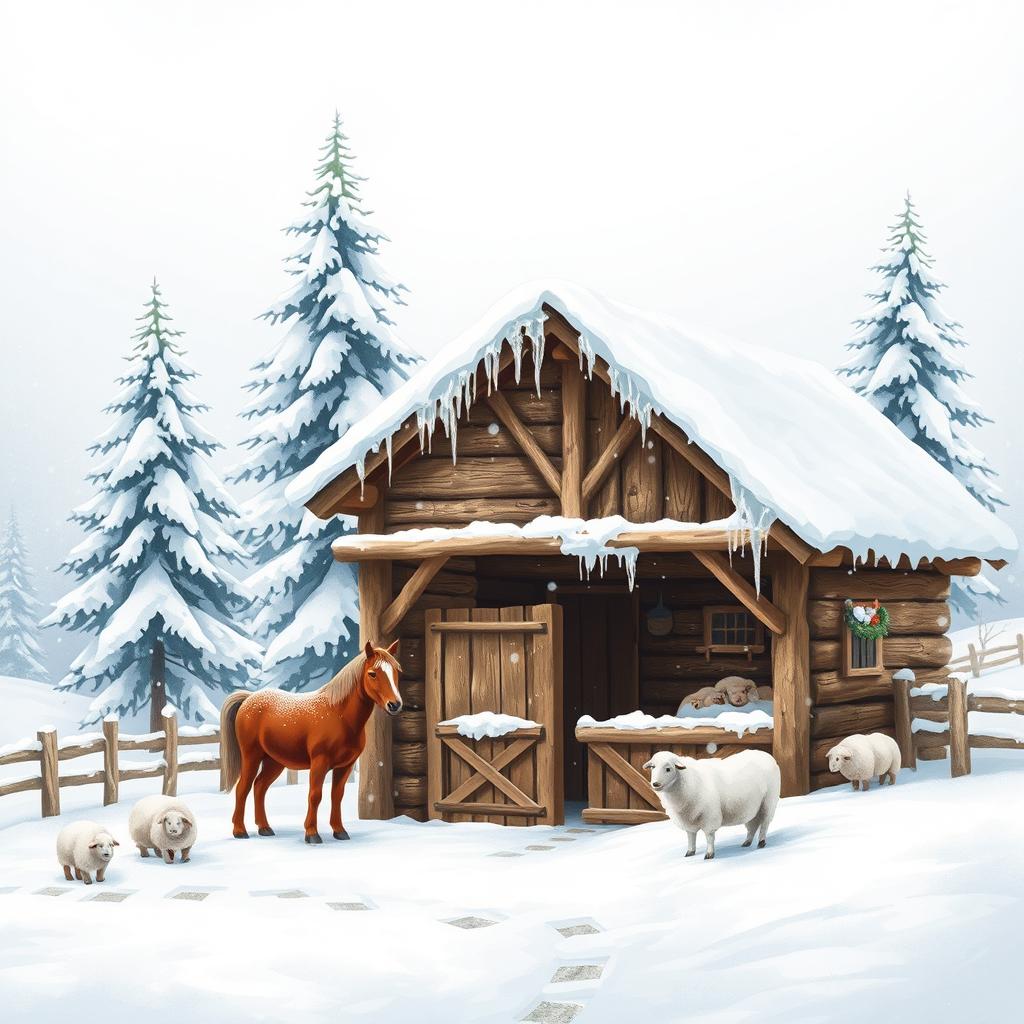 A charming winter scene depicting a traditional farm stable during the snowy season