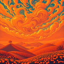 An exceptionally beautiful and unusual landscape in vibrant orange colors, depicted in a pixel art style