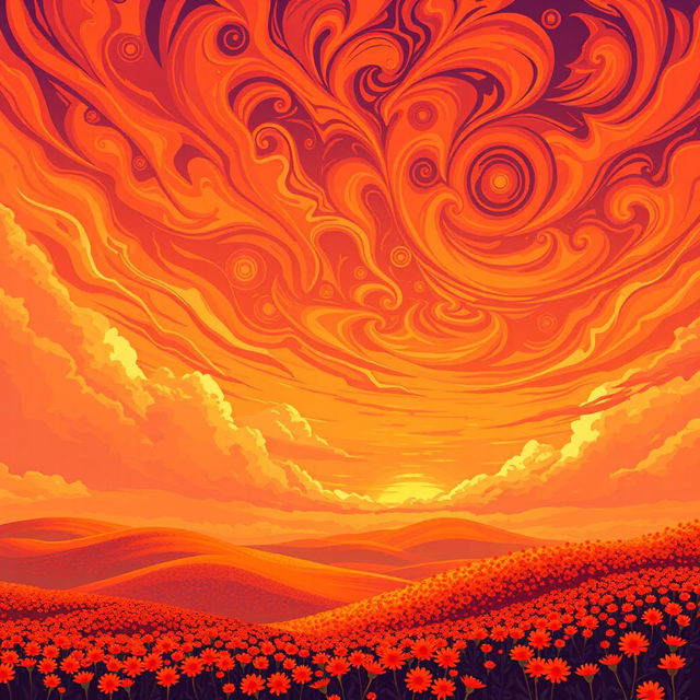 An exceptionally beautiful and unusual landscape in vibrant orange colors, depicted in a pixel art style