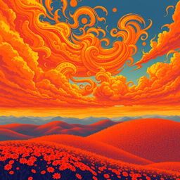 An exceptionally beautiful and unusual landscape in vibrant orange colors, depicted in a pixel art style