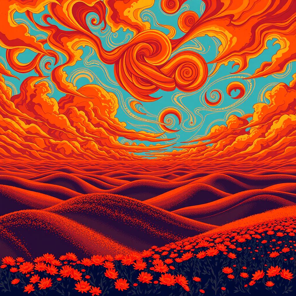 An exceptionally beautiful and unusual landscape in vibrant orange colors, depicted in a pixel art style