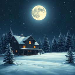 A tranquil winter night scene of a barn, surrounded by gently falling snowflakes