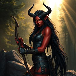 An epic and seductive female tiefling ranger with alluring red skin and striking horns that split into two elegant points