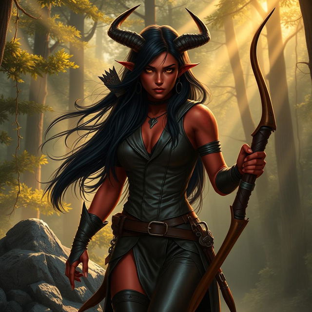 An epic and seductive female tiefling ranger with alluring red skin and striking horns that split into two elegant points