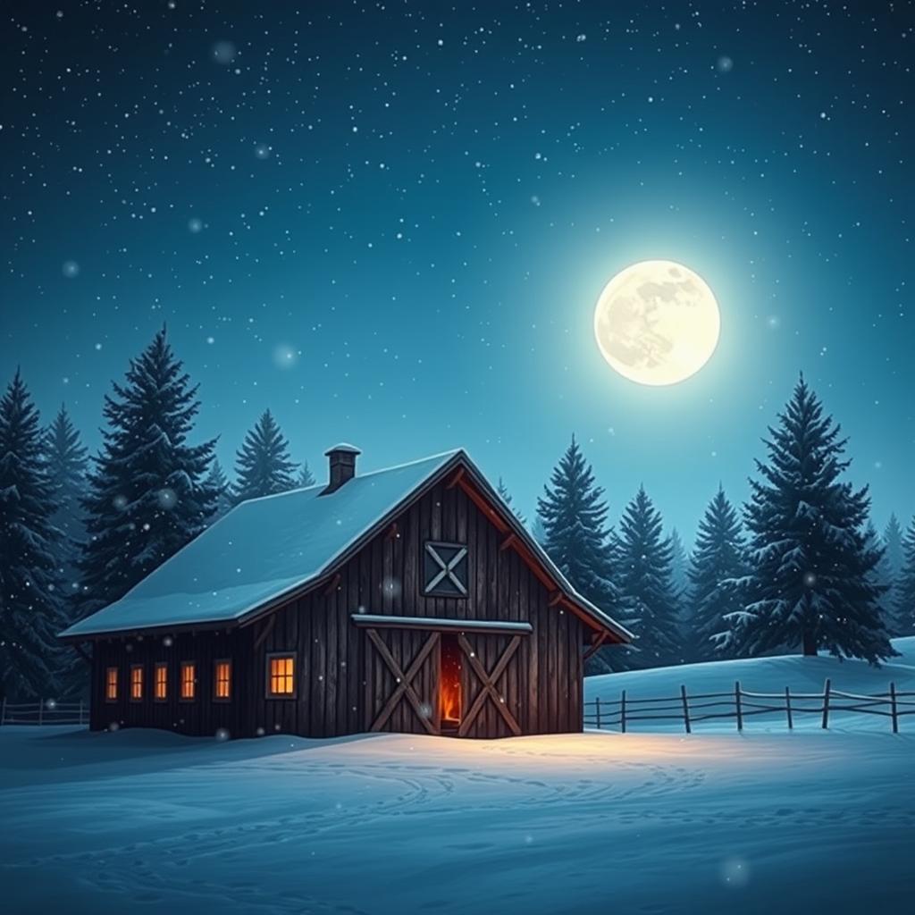 A tranquil winter night scene of a barn, surrounded by gently falling snowflakes