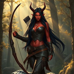 An epic and seductive female tiefling ranger with alluring red skin and striking horns that split into two elegant points