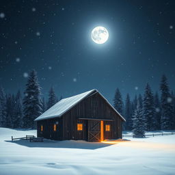 A tranquil winter night scene of a barn, surrounded by gently falling snowflakes