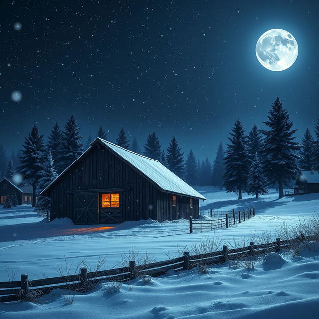 A tranquil winter night scene of a barn, surrounded by gently falling snowflakes