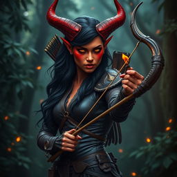 An epic, fiery, and seductive female tiefling ranger with captivating red skin and impressive horns that split into two dramatic points