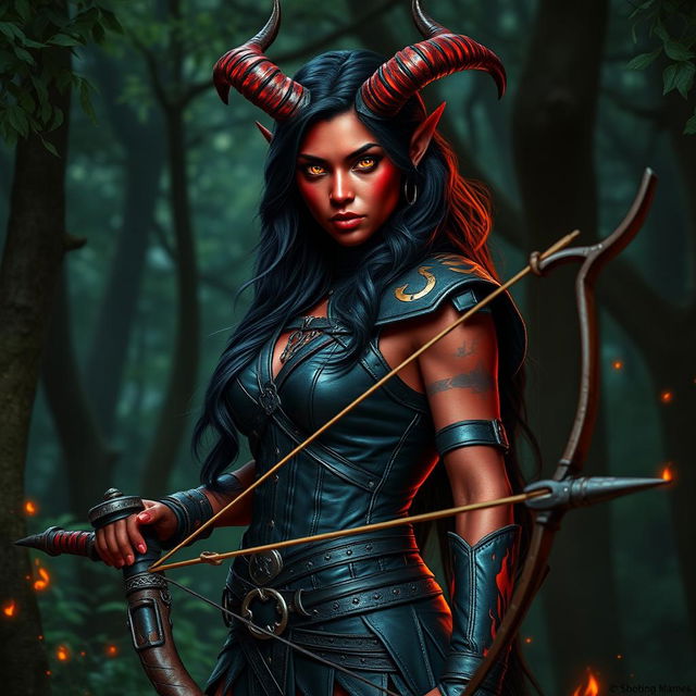 An epic, fiery, and seductive female tiefling ranger with captivating red skin and impressive horns that split into two dramatic points