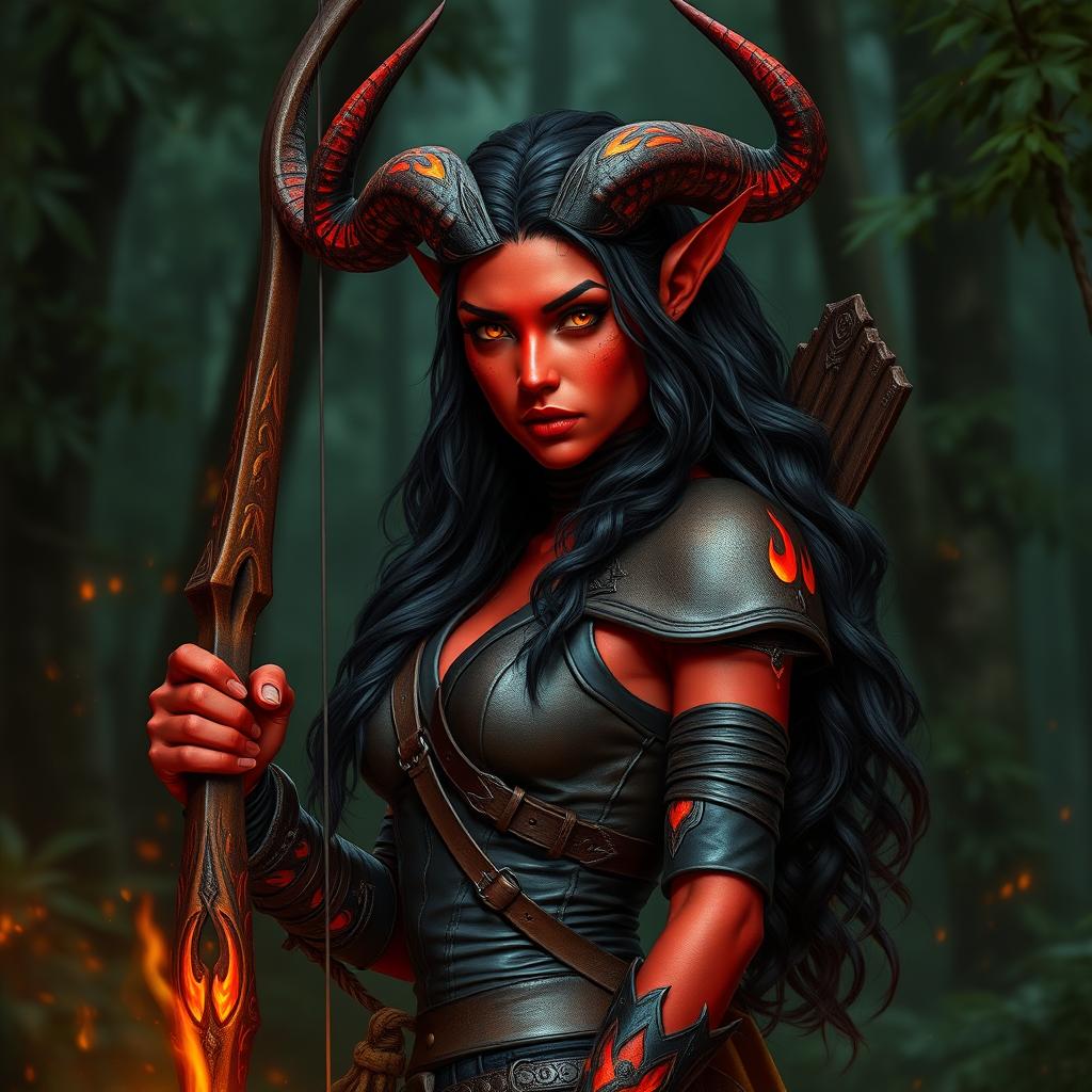 An epic, fiery, and seductive female tiefling ranger with captivating red skin and impressive horns that split into two dramatic points