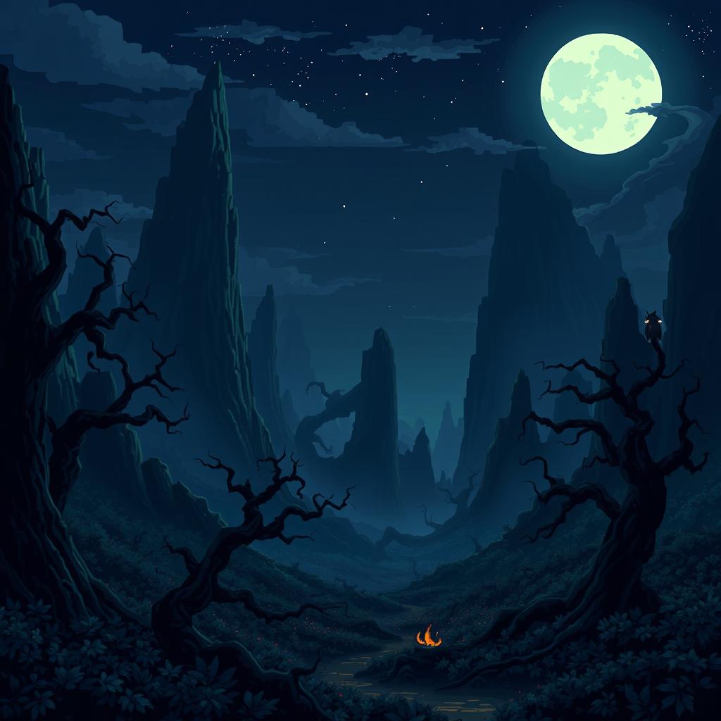 A dark fantasy landscape rendered in a pixel art style