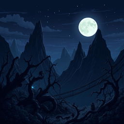 A dark fantasy landscape rendered in a pixel art style