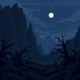 A dark fantasy landscape rendered in a pixel art style