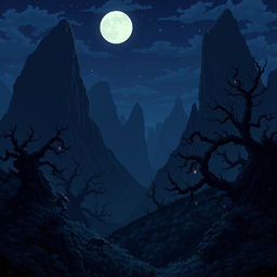 A dark fantasy landscape rendered in a pixel art style