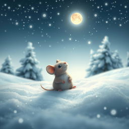 A whimsical scene of a mouse sitting under a starry sky in a snowy landscape