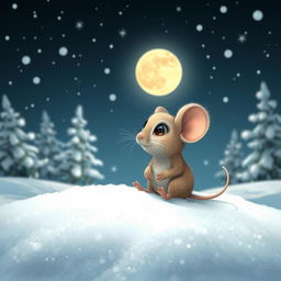 A whimsical scene of a mouse sitting under a starry sky in a snowy landscape