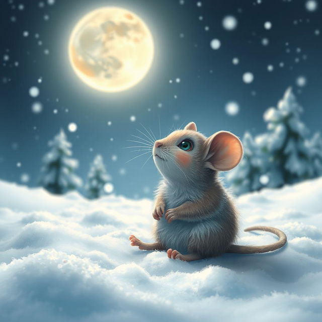 A whimsical scene of a mouse sitting under a starry sky in a snowy landscape