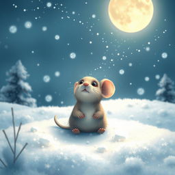A whimsical scene of a mouse sitting under a starry sky in a snowy landscape