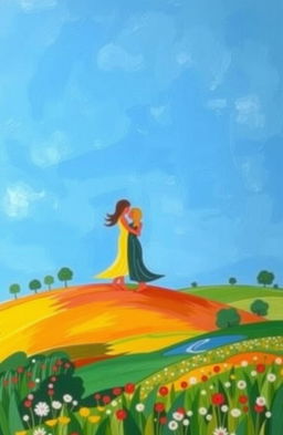 An abstract representation of love in a countryside setting, featuring vivid colors and soft brush strokes