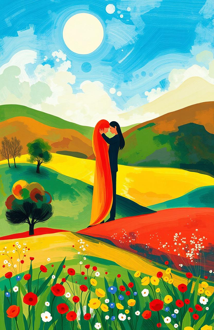 An abstract representation of love in a countryside setting, featuring vivid colors and soft brush strokes