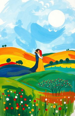 An abstract representation of love in a countryside setting, featuring vivid colors and soft brush strokes