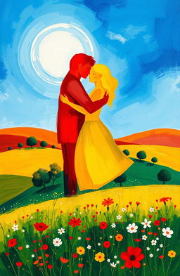 An abstract representation of love in a countryside setting, featuring vivid colors and soft brush strokes