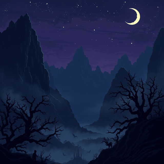 A dark fantasy landscape created in a pixel art style