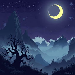 A dark fantasy landscape created in a pixel art style