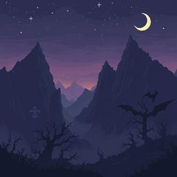 A dark fantasy landscape created in a pixel art style