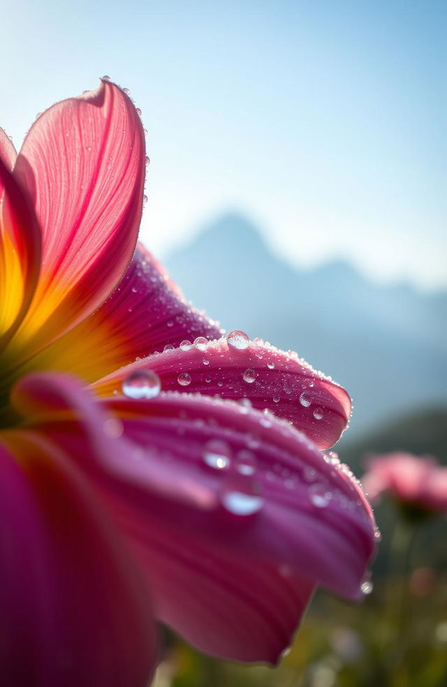 A beautifully detailed close-up of a dew-covered flower with glistening droplets resting on its petals, vivid colors and intricate textures