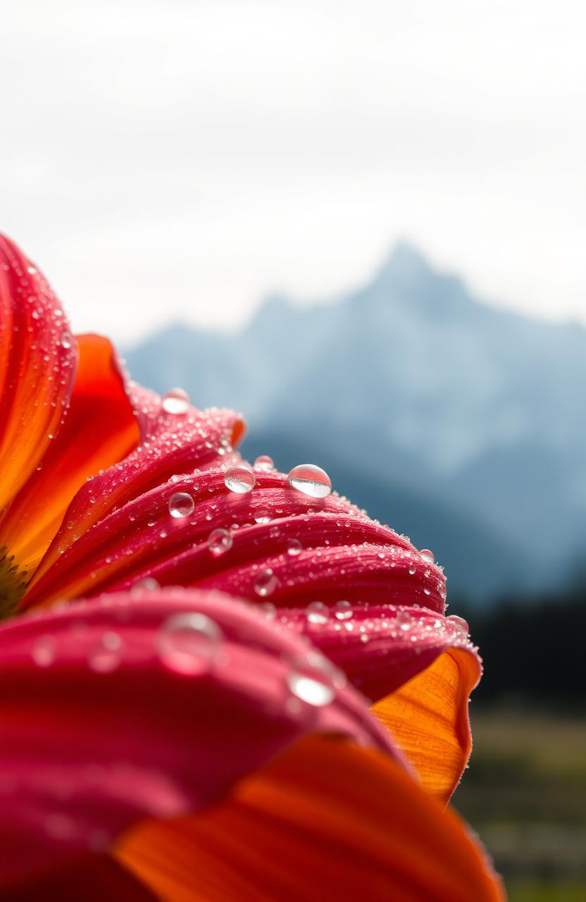 A beautifully detailed close-up of a dew-covered flower with glistening droplets resting on its petals, vivid colors and intricate textures