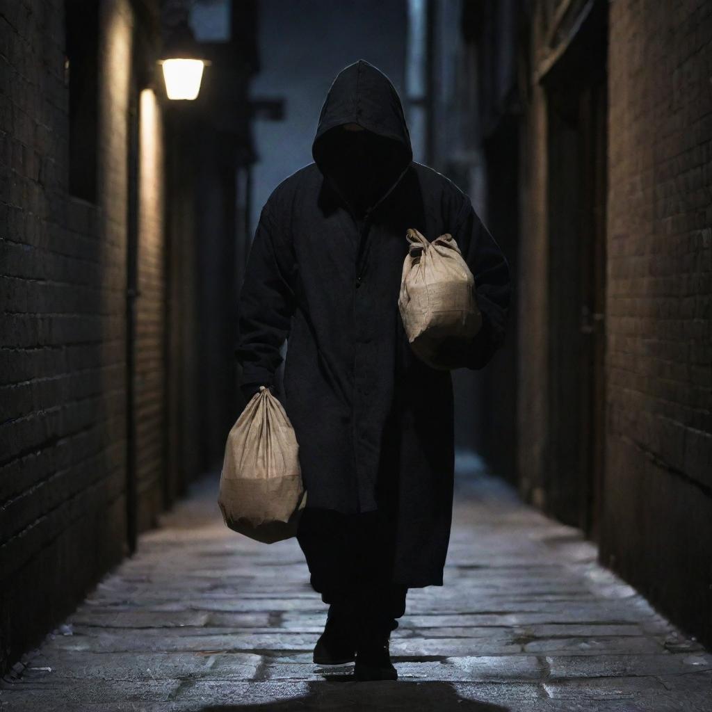 A character in dark, snug, clothing, with a mysterious aura, wearing a mask, tip-toeing in an alley at night, clutching a sack of valuables