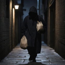 A character in dark, snug, clothing, with a mysterious aura, wearing a mask, tip-toeing in an alley at night, clutching a sack of valuables