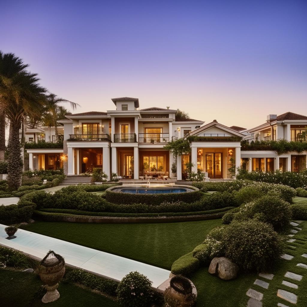 A beautiful, luxurious house at sunset with a lavish garden and elegant architecture