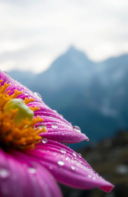 A beautifully detailed close-up of a dew-covered flower with glistening droplets resting on its petals, vivid colors and intricate textures